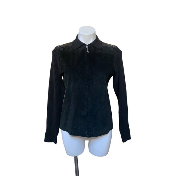 Vintage 90s Black Rib Knit Suede Jacket Cardigan Small - Picture 1 of 6